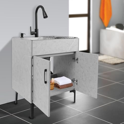 Freestanding Utility Sink, 30.71In Laundry Sink with Cabinet Indoor & Outdoor Utility Tub Pull-out Faucet&Gravity Ball&Drain Basket Heavy Duty for Laundry Garage Outdoor Kitchen Garden (Grey)