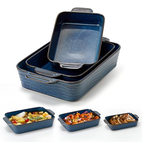 Kiln-Transformed Blue Ceramic Baking Dish Set of 3, Casserole Dishes for Oven, Square Porcelain Bakeware Set with Handles, Lasagna Baking Pan for Cooking, Perfect for Baking and Serving, Housewarming, Halloween, Thanksgiving, Christmas, New Year