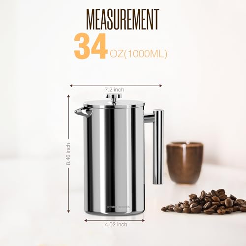 Utopia Kitchen 304 Grade Stainless Steel French Press Coffee Maker 34 Oz, Double Wall Insulated Coffee Press with 4-Level Filtration System, Include 2 Extra Filters, Rust-Free, Dishwasher Safe, Silver