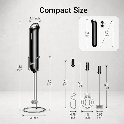 InstaWhisk Upgraded Milk Frother with Variable Speed - Rechargeable Handheld Coffee Frother Wand with Detachable Whisks, Electric Drink Mixer for Latte, Cappuccino, Matcha, Almond Milk, Protein, Black