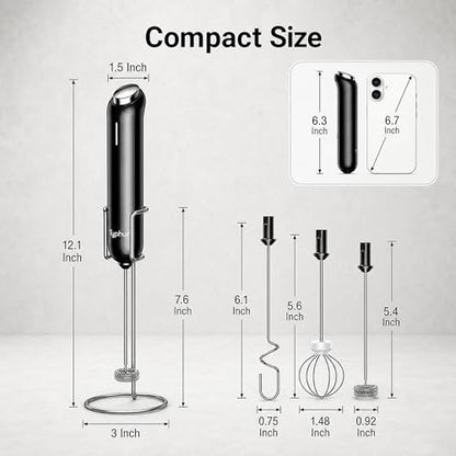 InstaWhisk Upgraded Milk Frother with Variable Speed - Rechargeable Handheld Coffee Frother Wand with Detachable Whisks, Electric Drink Mixer for Latte, Cappuccino, Matcha, Almond Milk, Protein, Black