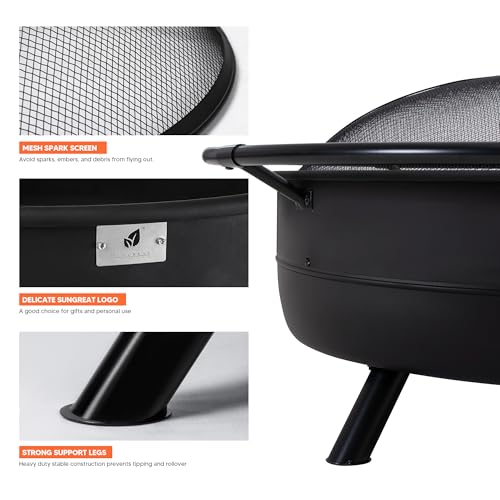 SUNCREAT 42" Outdoor Portable Fire Pit with Spark Screen, Fire Poker, Wood Burning Patio Fire Pits with Protective Ring, Black
