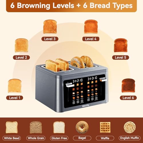 Mecity 4 Slice Touchscreen Toaster, 6 Bread Modes & 6 Browning Levels, Dual Touch Control Wide Slot Stainless Steel Electric Toaster with Memory, Defrost, 3-Min Auto Shutoff for White, Bagels, Waffles