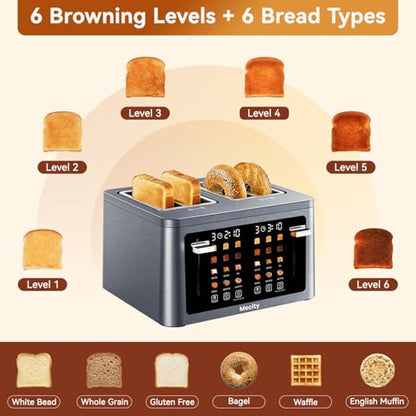Mecity 4 Slice Touchscreen Toaster, 6 Bread Modes & 6 Browning Levels, Dual Touch Control Wide Slot Stainless Steel Electric Toaster with Memory, Defrost, 3-Min Auto Shutoff for White, Bagels, Waffles