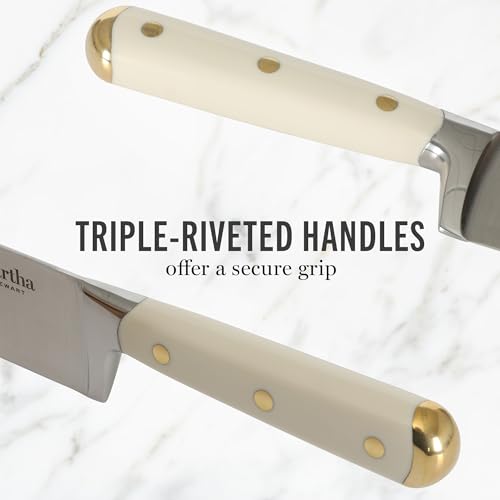 Martha Stewart Knife Block Set 16-Piece - Lockton High Carbon Stainless Steel Forged Full Tang Chef Knives, Acacia Wood Block, Triple Riveted Handles, Linen White & Gold
