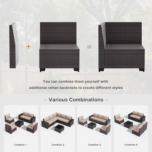 Gotland 7 Pieces Patio Furniture Set with 55000BTU Fire Pit Table, Wicker Patio Set with Wide Armrests 29.5'' High Backrest Thick Cushions 1 Coffee Table, Outdoor Furniture for Porch Deck Khaki