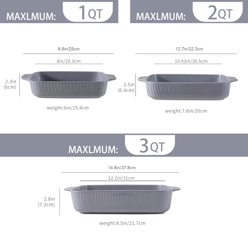 Yachi Ceramic Casserole Dishes for Oven Set of 3 Pcs Rectangular Bakeware Set with Handle for Steak Beef Baking Pan Roast Chicken spaghetti Lasagna Pan vegetables Microwave Oven and Dishwasher Safe Gray (14.8''/12.7''/9.8'')