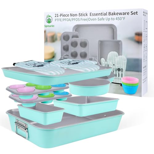 Spmarkt 21-pieces Stackable Nonstick Bakeware Set, PTFE/PFOA/PFOS Free Baking Pans Set with Silicone Cup, Oven Mitt, Complete Kitchen Baking Kit for Cake & Loaf, Cookies, Cupcakes