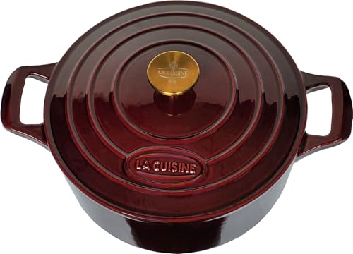 La Cuisine Enameled Cast Iron Dutch Oven Casserole Dish Pot with Lid, 5 QT 10.3“ /26cm Dia. Internal Matt Black Enamel Coating Gold-Plated SS Lid Handle Oven Safe up to 500° F, Cranberry