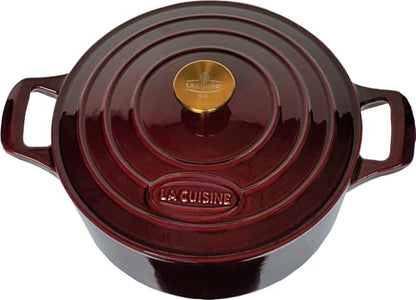 La Cuisine Enameled Cast Iron Dutch Oven Casserole Dish Pot with Lid, 5 QT 10.3“ /26cm Dia. Internal Matt Black Enamel Coating Gold-Plated SS Lid Handle Oven Safe up to 500° F, Cranberry