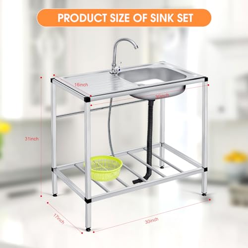 Tandefio Freestanding Outdoor Kitchen Utility Sink Set Stainless Steel Single Bowl Sink Portable Commercial Utility for Restaurant Cafe Bar Hotel Garage Laundry Room(Single Layer)