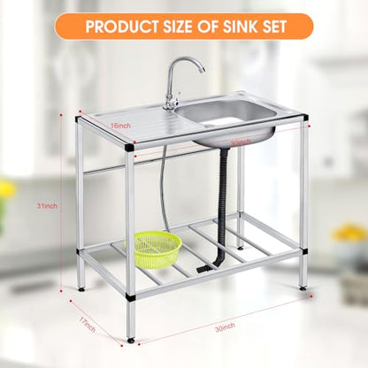 Tandefio Freestanding Outdoor Kitchen Utility Sink Set Stainless Steel Single Bowl Sink Portable Commercial Utility for Restaurant Cafe Bar Hotel Garage Laundry Room(Single Layer)