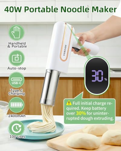 Electric Pasta Maker Machine, Potato Ricer, Automatic Noodle Maker Machine with Powerful Motor, Cordless Handheld Noodle Machine for Kitchen Home Restaurant (White, 5-IN-1)
