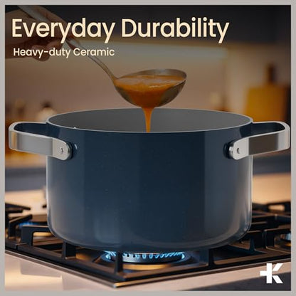Bakken 12.5 Quart Ceramic Coated Stock Pot with Lid, Easy Clean Nonstick Pot, Tempered Glass Lid, Riveted Stainless Steel Handles, Oven Safe Up To 500°F, PTFE & PFAS Free, All Stove Compatible, Blue