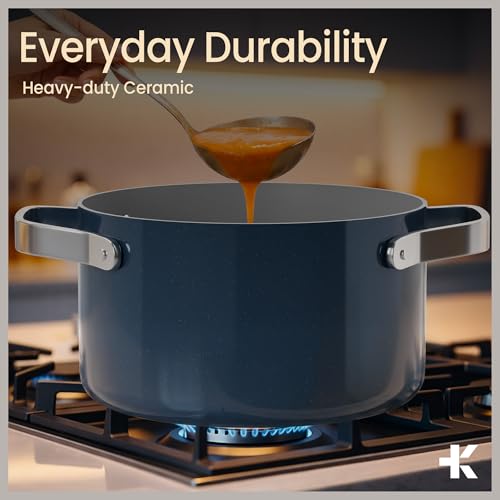 Bakken 5 Quart Ceramic Coated Stock Pot with Lid, Easy to Clean Nonstick Pot, Tempered Glass Lid, Riveted Stainless Steel Handles, Oven Safe Up To 500°F, PTFE & PFAS Free, All Stove Compatible, Blue