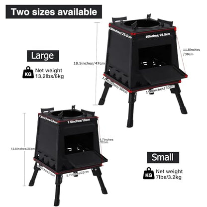 Lineslife Wood Burning Camp Stove, Portable Cast Iron Camping Wood Stove, Black Woodstove with Carrying Case for Backpacking Outdoor Cooking, Small