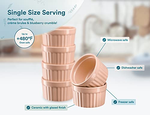 Kook Ramekins, Creme Brulee, Pink Ramekins, Set of 6 Porcelain Souffle Dishes, Oven Safe, for Baking Pot Pies, Lava Cake, Soup, 10 Oz (Peach)