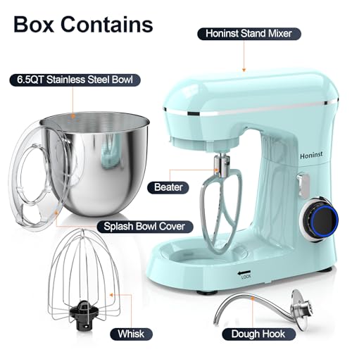 Honinst Stand Mixer, 6.5QT 10-Speed Tilt-Head Electric Stand Mixer, 3-In-1 Kitchen Mixer with Bowl, Dough Hook, Whisk and Beater, Food Mixer for Baking, Cake and Most Home Cooks, Blue