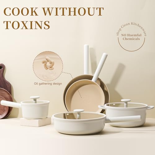 JEETEE Ceramic Cookware Set, 15 PCS Pots and Pans Set Non Stick with Removable Handles, Non Toxic Induction Kitchen Cookware Sets, Oven Safe PFAS/PFOA Free Cream