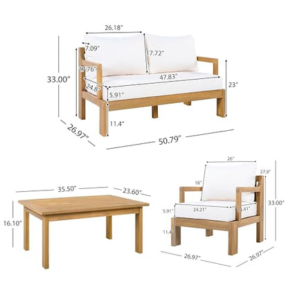 Christopher Knight Home Bayah 4 Piece Patio Furniture Set with Removable Cushion, Acacia Wood Outdoor Sectional Sofa Set with Coffee Table, 4 Seater Outdoor Conversation Set, Beige+Natural
