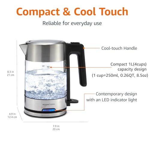 Amazon Basics Electric Kettle with Glass Carafe for Tea and Coffee, Fast Boiling, Auto Shut-Off, Boil-Dry Protection, Temperature Control, Removable Filter, 1 Liter, 1500W, BPA-Free