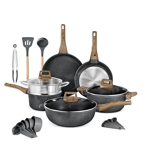 Bakken-Swiss 14-Piece Kitchen Cookware Set – Granite Non-Stick – Eco-Friendly – PFOA, PFOS, and PTFE Free for All Stoves & Oven-Safe - Marble coatin