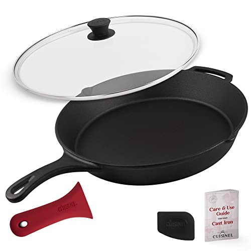 Cuisinel 15" Cast Iron Skillet + Glass Lid Cover + Pan Scraper + Heat-Resistant Silicone Handle Grip - Pre-seasoned Oven-Safe Kitchen Cookware - Indoor/Outdoor - Camping, Grilling, BBQ, Oven Safe