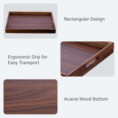 Wooden Serving Tray with Handles, Wood Decorative Trays for Coffee Table Tray, Rectangular Food Trays for Party Platters, Breakfast in Bed, Couch, Ottoman, Dinner, Appetizers, Decor(15.7x11.8x1.6)