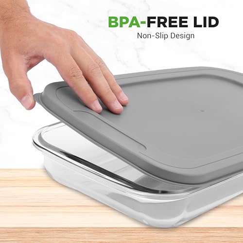 NutriChef 8-Piece Deep Glass Baking Dish for Oven with Lids - Casserole Dishes for Oven - Bakeware Sets for Lasagna, Meatloaf, Leftovers, Cooking, & Dishwasher Safe -Gray