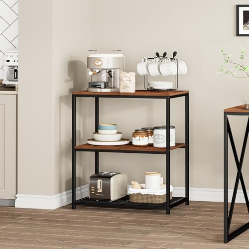 Homleke Kitchen Island with 3 Shelves, Kitchen Shelf with Large Workstation, Bakers Rack, Workbench, Metal Frame, Rustic Brown and Black