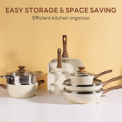 Sweetcrispy 17 Pcs Nonstick Pots and Pans, Non-toxic Kitchen Cooking Set, Induction Cookware Sets with Stay-Cool Handles, Beige