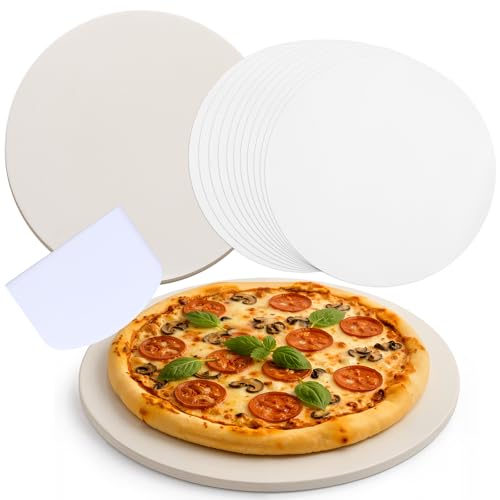 Hushee 9 Inch Round Small Pizza Stone with Scraper and 100 Pcs Parchment Paper Cordierite Cooking Baking Stone Thermal Shock Resistant up to 1400°f Bread Baking Stones for Oven Grill for BBQ RV Camp