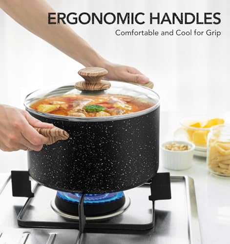 MICHELANGELO 6 Quart Stock Pot with Lid, Nonstick Soup Pot with Lid, 6 Qt Cooking Pot Induction Compatible, Non Stick Pots with Stay-cool Handle, Nonstick Pots for Cooking, Black Granite