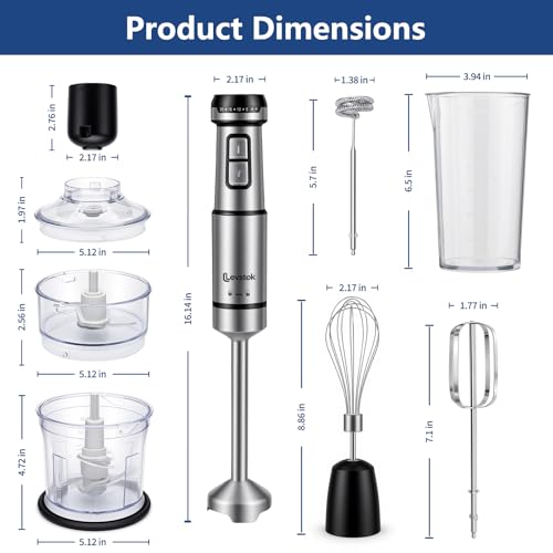 Levstek Immersion Hand Blender Set, 1200W 20-Speed Stainless Steel Stick Blender with 7 Accessories, 500ml & 200ml Chopper Cups, Milk Frother, Egg Beater, for Smoothies, Soups Kitchen Essential