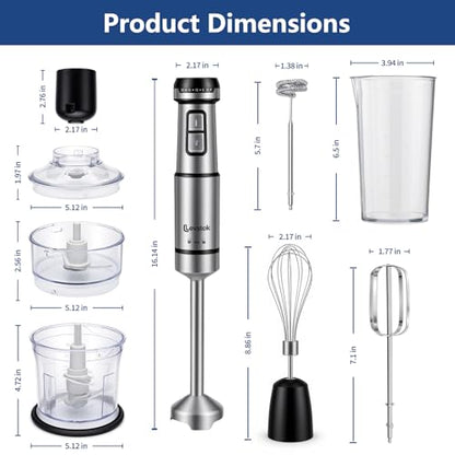 Levstek Immersion Hand Blender Set, 1200W 20-Speed Stainless Steel Stick Blender with 7 Accessories, 500ml & 200ml Chopper Cups, Milk Frother, Egg Beater, for Smoothies, Soups Kitchen Essential