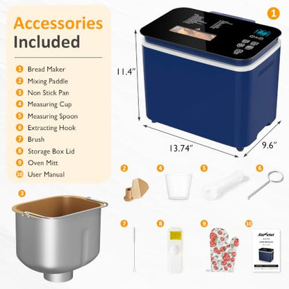 Sunvivi 2.2LB Bread Maker Machine, 20 -in-1 Automatic Bread Machine with Non-stick Ceramic Pan, 3 Crust Color, Digital Touch Panel, 15H Timer & 1H Keep Warm, Low Noise, Beginner-Friendly Recipes