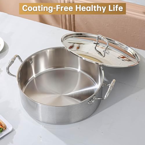 DELARLO Tri-Ply Stainless Steel 8QT Stock Pot,13 inch Everyday Pan with Lid, Kitchen Induction Deep Saute Pan,shabu shabu pot High Side Cooking Hot Pot Oven Safe Up to 600℉