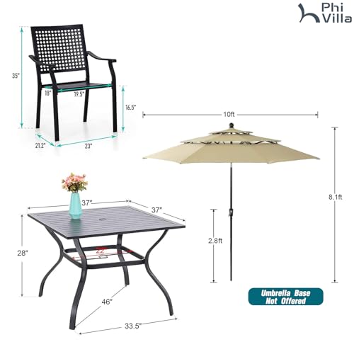 PHI VILLA 5 Pieces Outdoor Dining Set for 4 with 10ft Umbrella, 37" Metal Square Table & Stackable Wrought Iron Chair with Cushions & Beige Umbrella, Modern Furniture Set for Patio, Deck, Yard, Porch