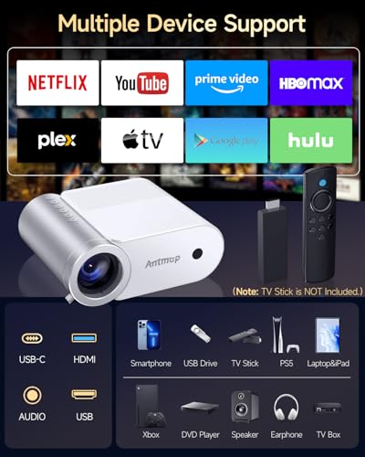 Mini Projector With WiFi and Bluetooth, 400 ANSI Portable Mini Projectors for iPhone, Native 1080P 4K Support Home Theater for Outdoor, 200” Display for Smartphone/HDMI/USB/TV Stick