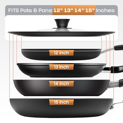 LSR Loreso Universal Pan Lid for Pots Pans and Skillets 12-15 Inch - Tempered Glass Pot Lid with Auto-Sizing Silicone Rim - Black