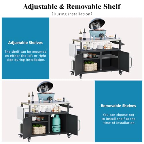 54.5" Outdoor Kitchen Island with Stainless Steel Tabletop, Metal Grill Cart Table with Storage Cabinet, Spice Rack and Towel Rack, Outdoor Bar Cart with 4 Lockable Wheels for Outside BBQ (Black@79)