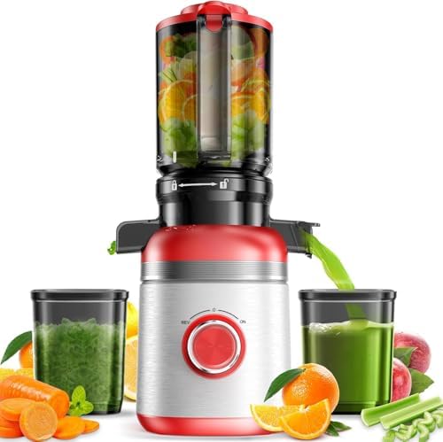 Cold Press Juicer Machines with Wide Feed Chute, Slow Masticating Juicer Maker for Whole Vegetables & Fruits, High Juice Yield, Easy to Clean, Large Auger Extractor, Red