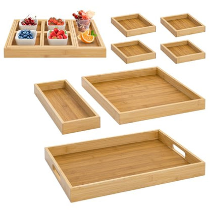 Wood Serving Trays with Handles, Set of 7 Rectangular Platters, Nesting Bamboo Tray for Breakfast in Bed, Entertaining, Couch, Party, Breakfast, Coffee Table, Home Decor