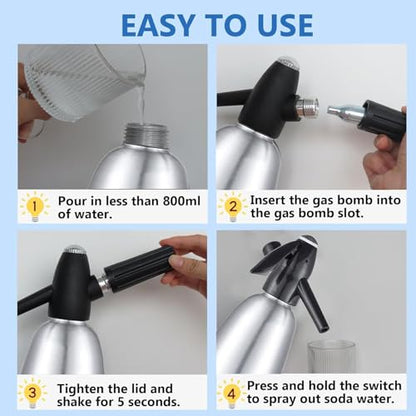 Soda Siphon,1L Carbonated Soda Maker Sparkling Water Machine, Portable Soda Maker for Home & Outdoor, Aluminium Soda Water Machine for Cocktails DIY Drinks,Use 8 gram CO2 Cartridges (Not Included)