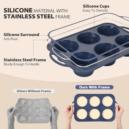 Vnray Jumbo Silicone Muffin Pan with Metal Frame, Non Stick Silicone Cupcake Pan with Handles 6 Cup, BPA Free Silicon Muffin Tin Tray Extra Large for baking, egg bites, Cupcake Mold Grey