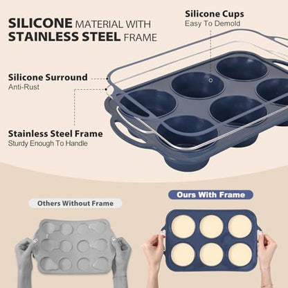 Vnray Jumbo Silicone Muffin Pan with Metal Frame, Non Stick Silicone Cupcake Pan with Handles 6 Cup, BPA Free Silicon Muffin Tin Tray Extra Large for baking, egg bites, Cupcake Mold Grey