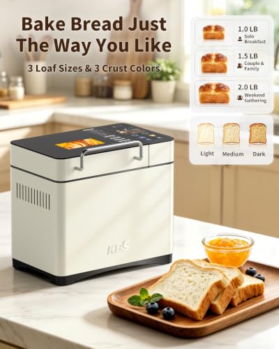 KBS 2.2LB Smart Bread Maker, 20-in-1 Automatic Bread Machine with Color Touchscreen, Dual Heaters, True Ceramic Pan, Auto Nut Dispenser, 2 Custom Programs, Sourdough&Gluten Free, White Stainless Steel