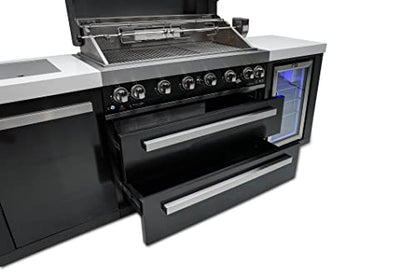 Mont Alpi MAi805-BSSFC 44-inch 6-Burner 115000 BTU Black Stainless Steel Gas Outdoor Kitchen Bar Island Grill w/Wine Cooler Beverage Center Refrigerator + Infrared Side Burner + Granite Countertop