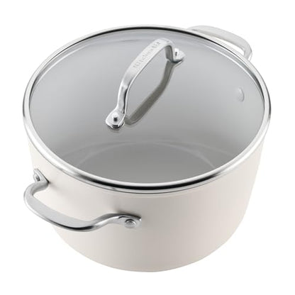 KitchenAid Hard Anodized Ceramic Induction Nonstick Pots and Pans with Saucepans, Frying Pans, Stockpot, and Lids, Dishwasher Safe, 9 Piece Cookware Set with Stainless Steel Handles - Porcelain White