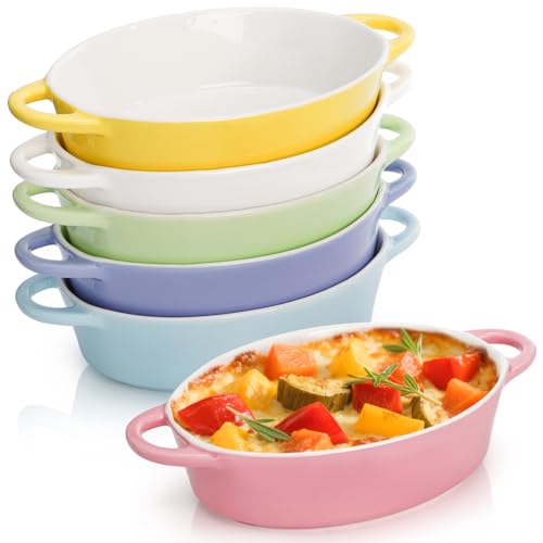 Foraineam 6 Pack 20 oz Oval Au Gratin Baking Dishes with Handles, Porcelain Casserole Dish Single Serving Ramekins for Oven & Microwave Cooking and Baking, 7.2" x 5.5", Oven Safe Roasting Lasagna Pan